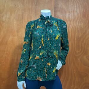 J.Crew Factory Long-sleeve Bow Top in Green Tie Neck Safari Button-up Size M